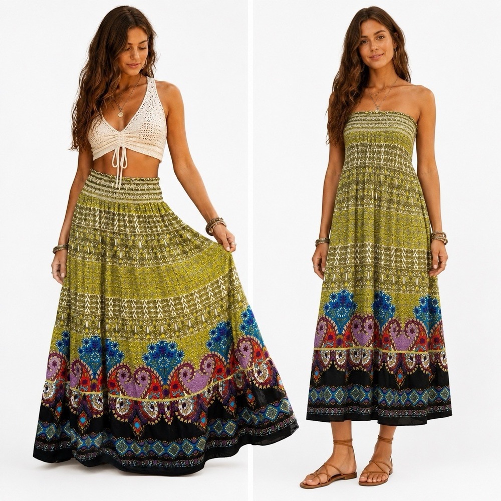 Derek Heart Smocked Waist Maxi Skirt Dress Paisley 100% Cotton Boho Size M